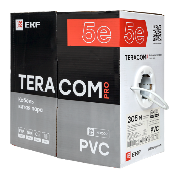 Кабель витая пара F/UTP кат.5E 4 пары 24 AWG solid PVC сер. (м) TERACOM PRO EKF TRP-5EFTP-04PVC-GY-IN3