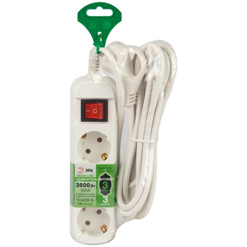 Удлинитель 3х3м с заземл. 16А IP20 GREEN LINE UDL-16-330-ES ПВС 3х1 с выкл. Эра Б0065056