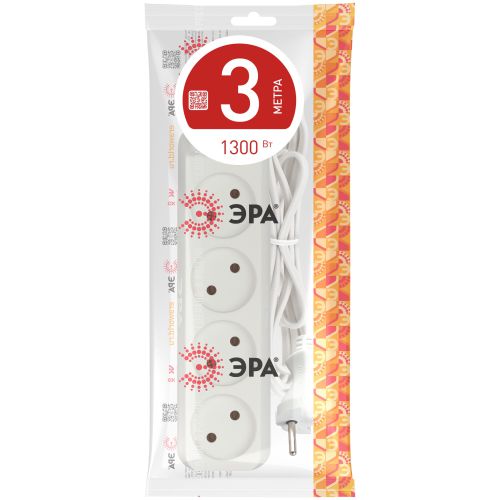 Удлинитель 4х3м без заземл. 6А IP20 UX-4-3m ШВВП 2х0.75 Эра Б0038560