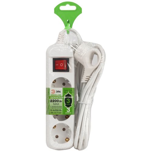 Удлинитель 3х3м с заземл. 10А IP20 GREEN LINE UDL-10-330-ES ПВС 3х0.75 с выкл. Эра Б0065047
