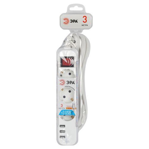 Удлинитель 3х3м с заземл. +3xUSBA 10А с выкл. U-3es-3m-USB Эра Б0052901