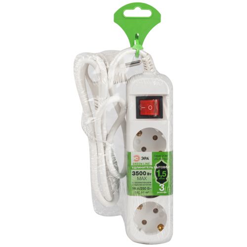Удлинитель 3х1.5м с заземл. 16А IP20 GREEN LINE UDL-16-315-ES ПВС 3х1 с выкл. Эра Б0065078