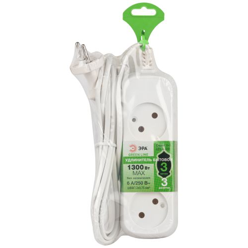 Удлинитель 3х3м без заземл. 6А IP20 GREEN LINE UDL-6-330 ШВВП 2х0.75 Эра Б0065041