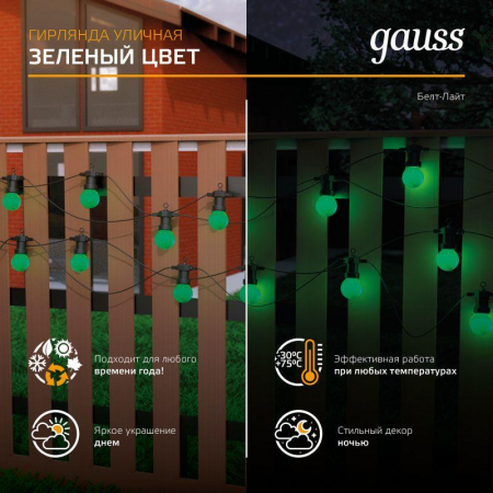 Гирлянда светодиодная Белт Лайт Holiday 10 ламп 7.7м зел. IP44 GAUSS HL061