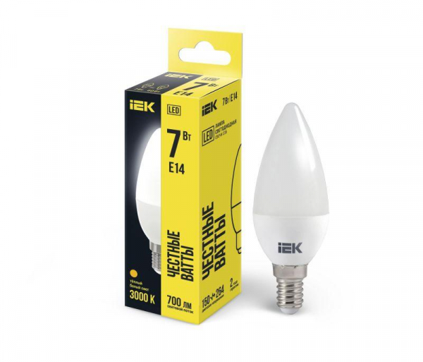 Лампа светодиодная C35 7Вт свеча 3000К E14 230В IEK LLE-C35-7-230-30-E14