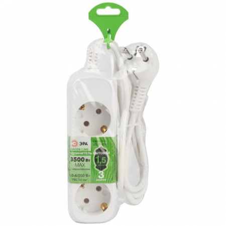 Удлинитель 3х1.5м с заземл. 16А IP20 GREEN LINE UDL-16-315-E ПВС 3х1 Эра Б0065038