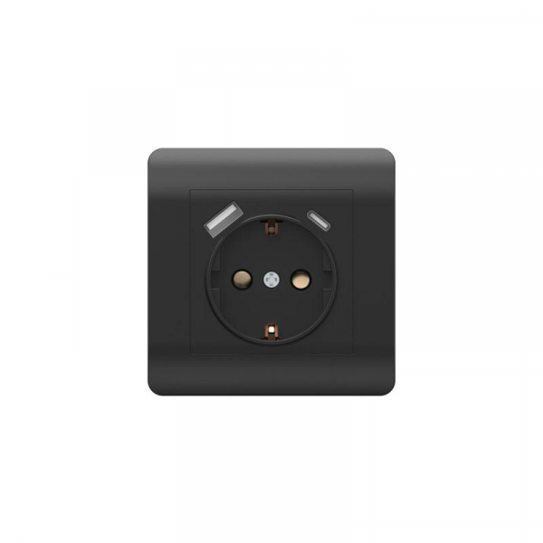 Розетка NEW3-E 16А с заземл. защ. шторки с 2-мя заряд. устройствами USB A+C 5В/2.1А черн. CHINT 431502