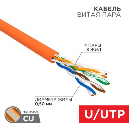 Кабель витая пара U/UTP кат.5E 4х2х24AWG LSZH нг(А)-HF INDOOR SOLID медь оранж. 305м (м) Rexant 01-0049