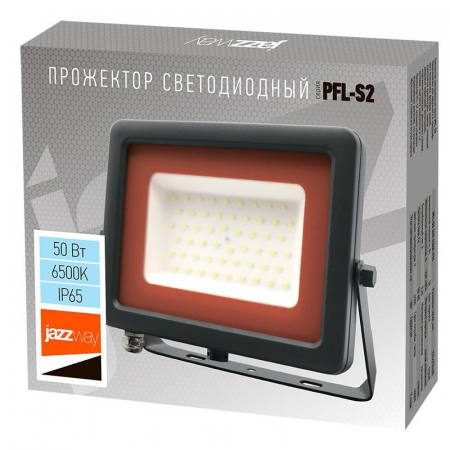 Прожектор светодиодный PFL-S2 50Вт 6500К IP65 220–240В ДО с клапаном закален. матов. стекло сер. JazzWay 2853301D