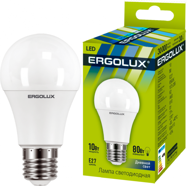 Лампа светодиодная LED-A60-10W-E27-6500K 10Вт грушевидная 6500К холод. бел. E27 180-240В ЛОН Ergolux 12879