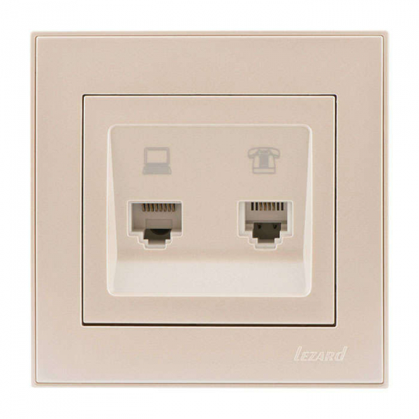 Розетка компьютерная + телефонная 2-м СП Rain RJ45 + RJ11 крем. LEZARD 703-0303-143