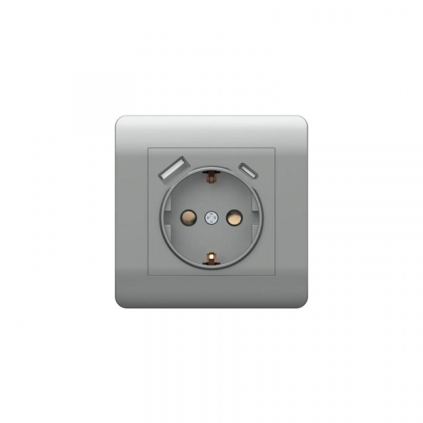 Розетка NEW3-E 16А с заземл. защ. шторки с 2-мя заряд. устройствами USB A+C 5В/2.1А серебр. CHINT 431454