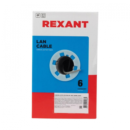 Кабель витая пара U/UTP кат.6 4х2х23AWG CU LSZH нг(А)-HF INDOOR SOLID сер. (305м) Rexant 01-0067