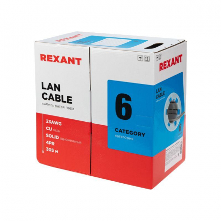 Кабель витая пара U/UTP кат.6 4х2х23AWG CU LSZH нг(А)-HF INDOOR SOLID сер. (305м) Rexant 01-0067