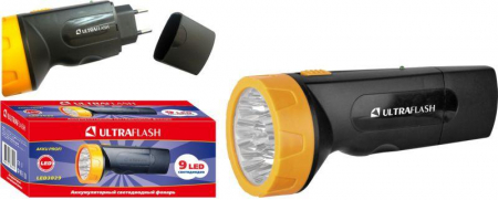 Фонарь аккумуляторный LED3829 9LED аккум. SLA 220В пластик. черн./желт. (кор.) Ultraflash 11240