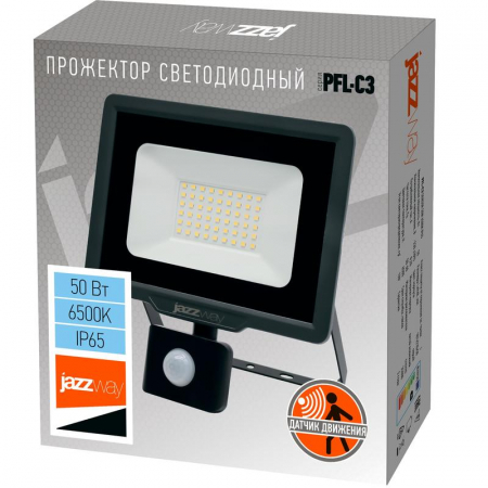 Прожектор светодиодный PFL-C3 SENSOR 50Вт 6500К IP65 ДО закален. прозр. стекло датчик движения инфракрасный JazzWay 5026940A