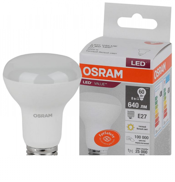 Лампа светодиодная LED Value LV R63 60 8SW/830 8Вт рефлектор матовая E27 230В 10х1 RU OSRAM 4058075581838