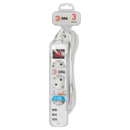 Удлинитель 3х3м с заземл. +3xUSBA 10А с выкл. U-3es-3m-USB Эра Б0052901