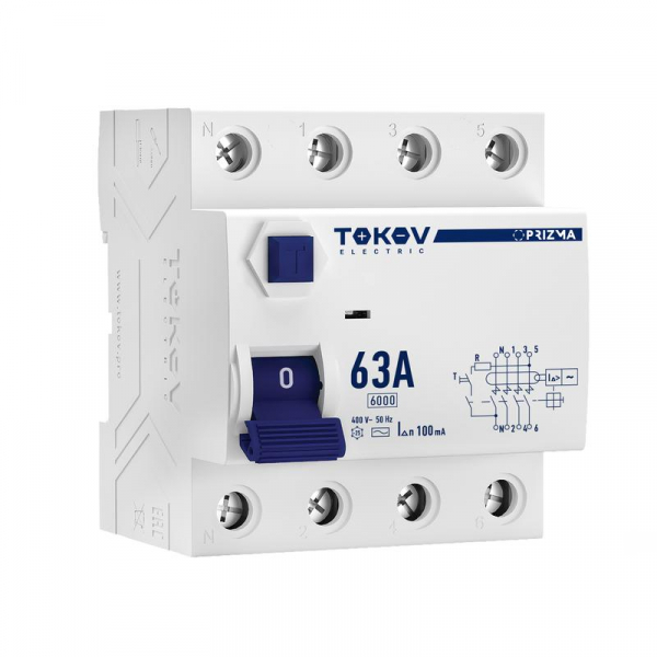 Выключатель дифференциального тока (УЗО) 4п (3P+N) 63А 100мА тип AC 6кА PRIZMA TOKOV ELECTRIC TKE-PZ60-RCDM-4-63-100-AC