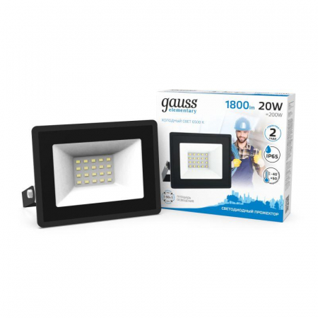 Прожектор светодиодный Elementary 20Вт 6500К IP65 1800лм 200-240В ДО черн. GAUSS 613100320
