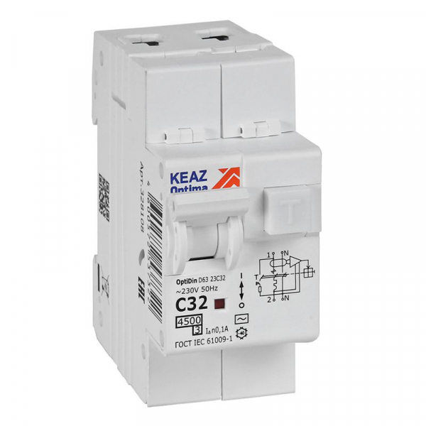Выключатель автоматический дифференциального тока 2п OptiDin D63-23C32-AC-У3 C32 100мА 4.5кА с защитой от сверхтоков КЭАЗ 328108