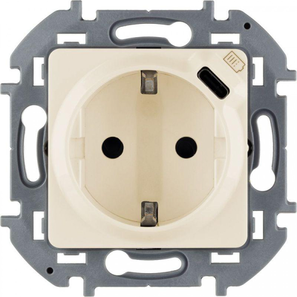 Розетка 1-м СП Inspiria 16А IP20 250В 2P+E немецк. стандарт с заряд. устройством USB тип C 1.5А 5В механизм сл. кость IEK 673771
