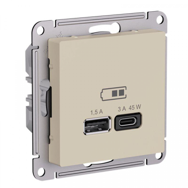 Розетка USB AtlasDesign тип A+C 45Вт высокоскор. ЗУ QC PD механизм песочн. SE ATN001229