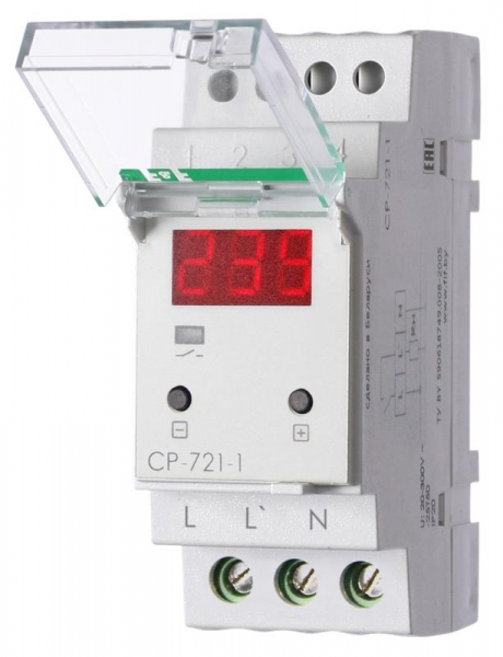 Реле напряжения CP-721-1 (CP-721-63A) (однофазное; цифровая индикация; напряжение питания 50-450В контакт 1NO 63А встроен. таймер регистрация аварий в памяти индикация текущего напряжения) (аналог УЗМ) F&F EA04.009.013
