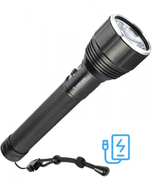 Фонарь аккумуляторный ручной 20Вт LED съемные Li-ion 26650 4000мА.чx2шт=8000мА.ч Power-bank корпус анодир. алюм. индикатор уровня заряда USB-шнур type C ремешок ручной КОСМОС KOC131Lit