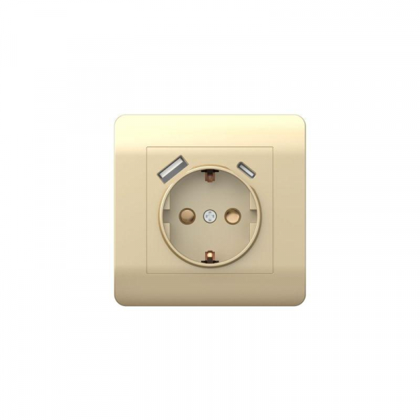 Розетка NEW3-E 16А с заземл. защ. шторки с 2-мя заряд. устройствами USB A+C 5В/2.1А шампань CHINT 431453