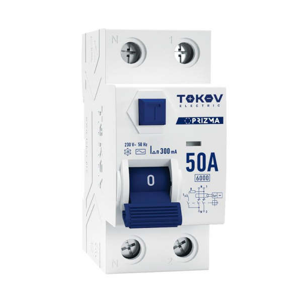 Выключатель дифференциального тока (УЗО) 2п (1P+N) 50А 300мА тип AC 6кА PRIZMA TOKOV ELECTRIC TKE-PZ60-RCDM-2-50-300-AC