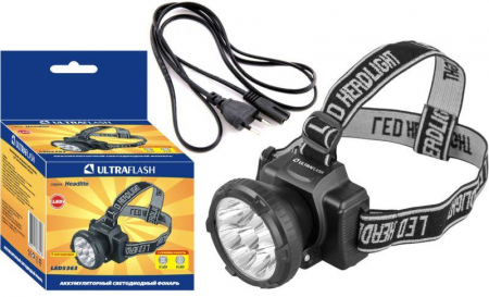 Фонарь аккумуляторный налобный LED5363 9LED 2 режима 220В пластик. черн. (бокс) Ultraflash 11257
